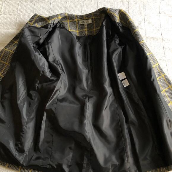 Kasper Yellow Windowpane Plaid Open Front Blazer Jacket 6 Medium Longline Career - Picture 6 of 12